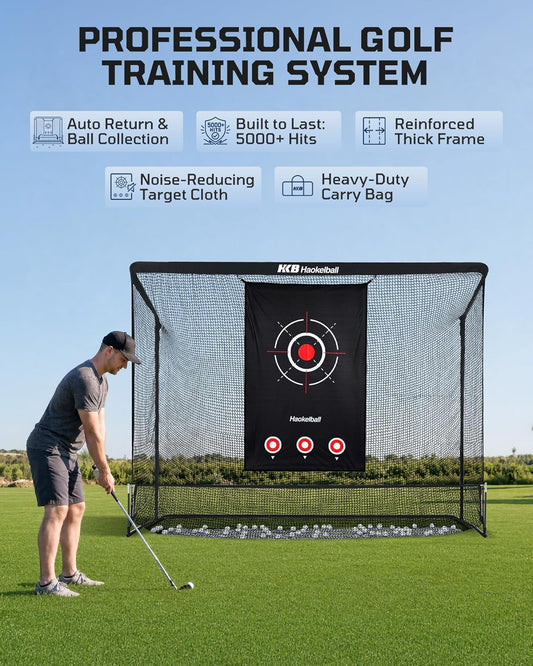 Haokelball Golf Practice Hitting Net for Driving Real Balls, 10x8ft Heavy Duty Netting for Indoor Outdoor with Side Barriers, Ball Return & Collection System, Silent Impact Target and Carry Bag