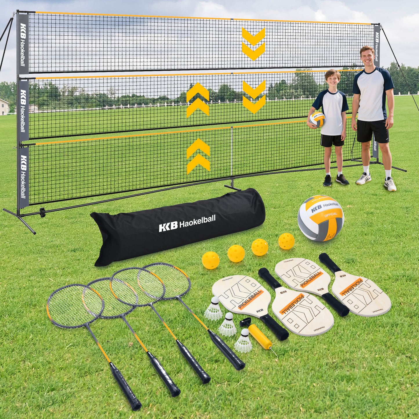 Haokelball 22FT Pickleball Badminton Volleyball Net Set with Adjustable Height Rackets/Balls/Pump for Backyard, Beach