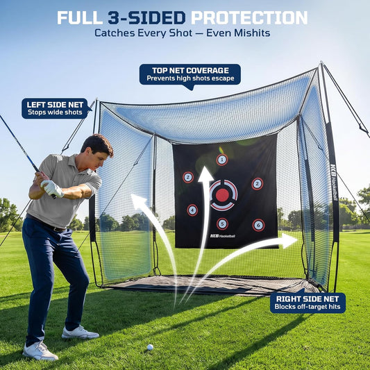 Haokelball Golf Hitting Net, 10x8x6ft Heavy Duty Golf Practice Chipping Cage with Target Cloth & Metal Frame, Portable Sports Netting for Backyard Driving Real Balls, Outdoor Indoor