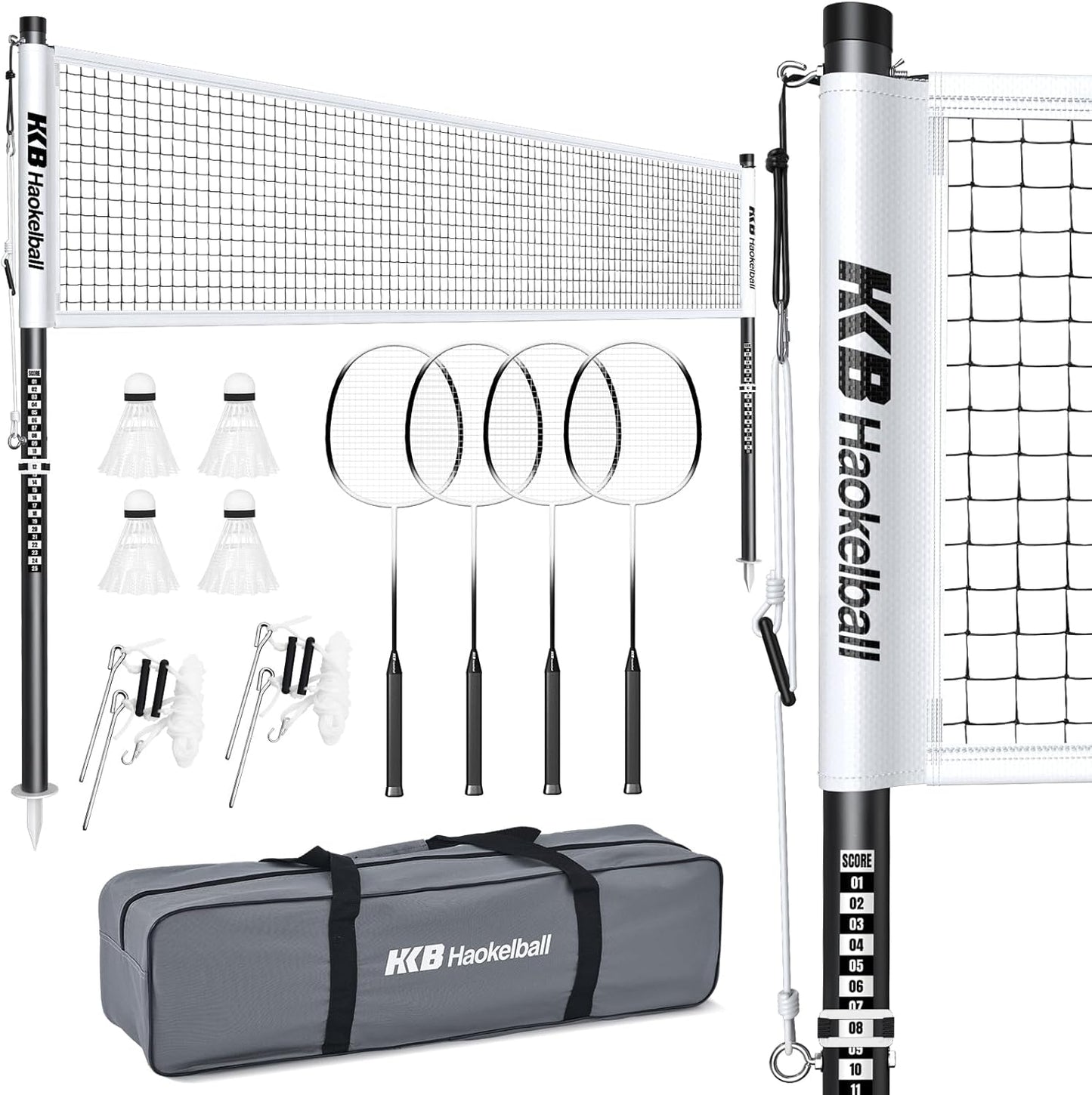 Haokelball Outdoor Badminton Net Set with Anti-Sag Winch System - 20ft Badminton Net, 4 Rackets, 3 Shuttlecocks & Carry Bag, Badminton Set for Backyard, Grass, Beach, Holiday Games