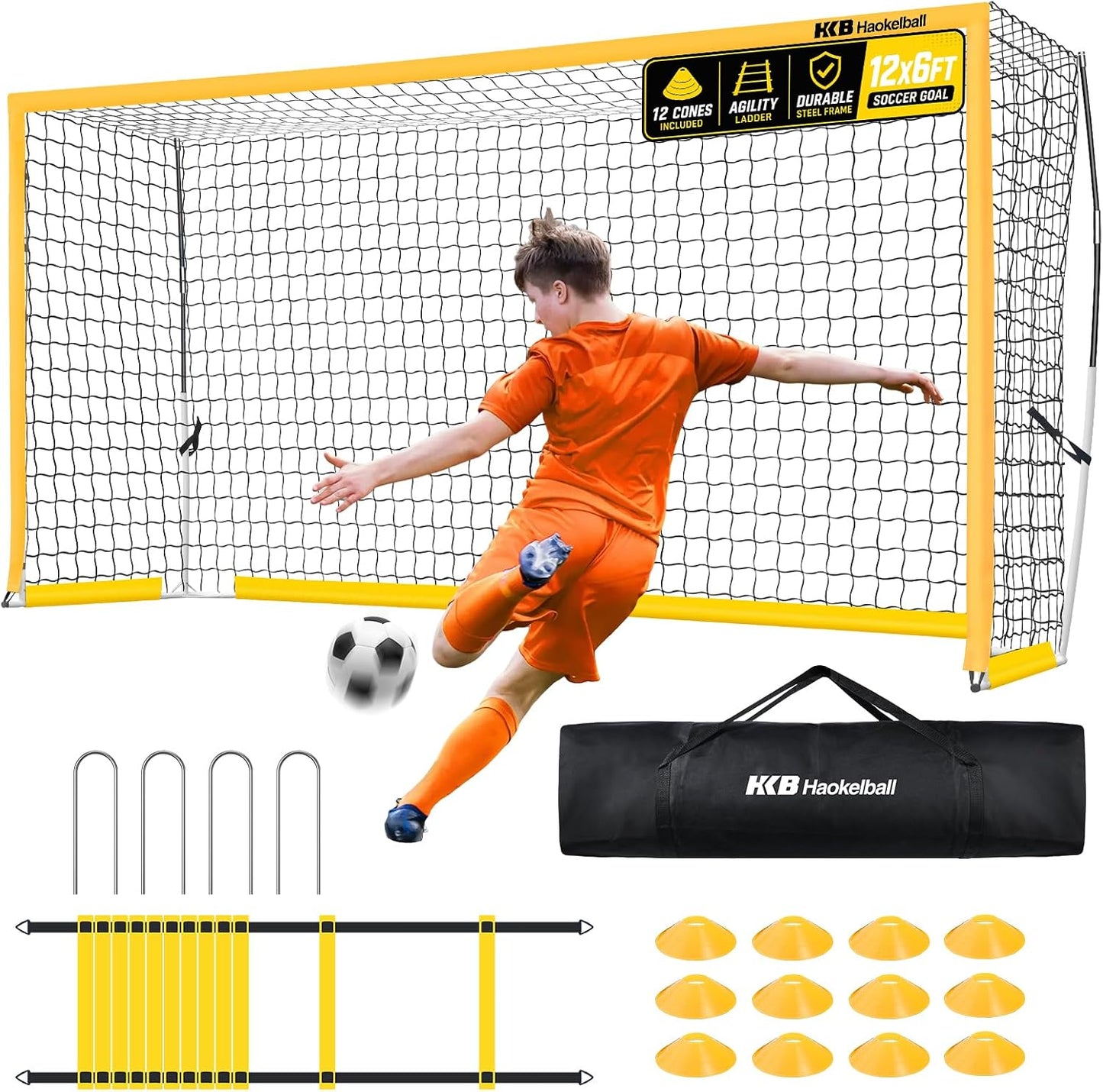Haokelball Portable Soccer Goal for Backyard, 12x6 FT Soccer Net with Metal Post for Adult Youth Practice, Outdoor Training Equipment with Agility Ladder, Cones, Ground Stakes and Carry Bag