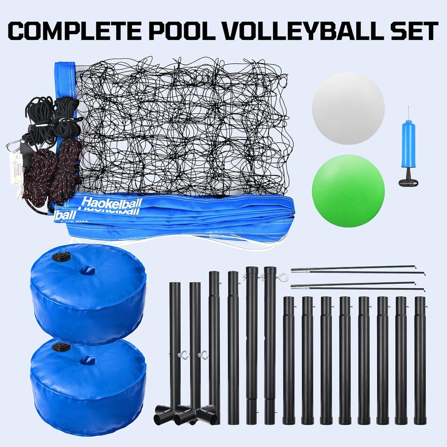 Haokelball LED Pool Volleyball Net Set, 15-32ft Adjustable Volleyball Net for Pool with Heavy Duty Base, Pool Volleyball Set for Inground Pools, Pool Toys & Pool Games for Kids & Adults, 2 Balls