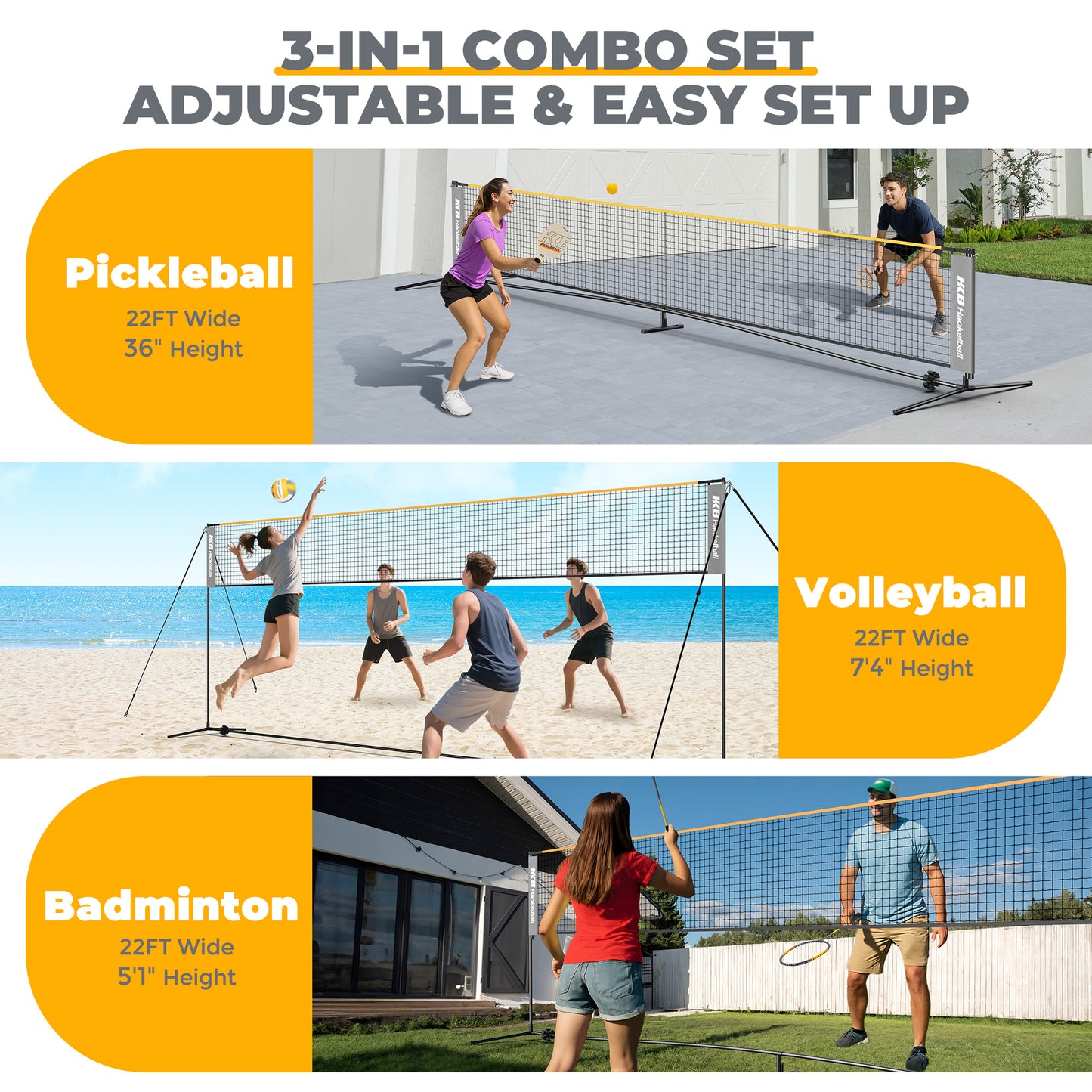 Haokelball 22FT Pickleball Badminton Volleyball Net Set with Adjustable Height Rackets/Balls/Pump for Backyard, Beach