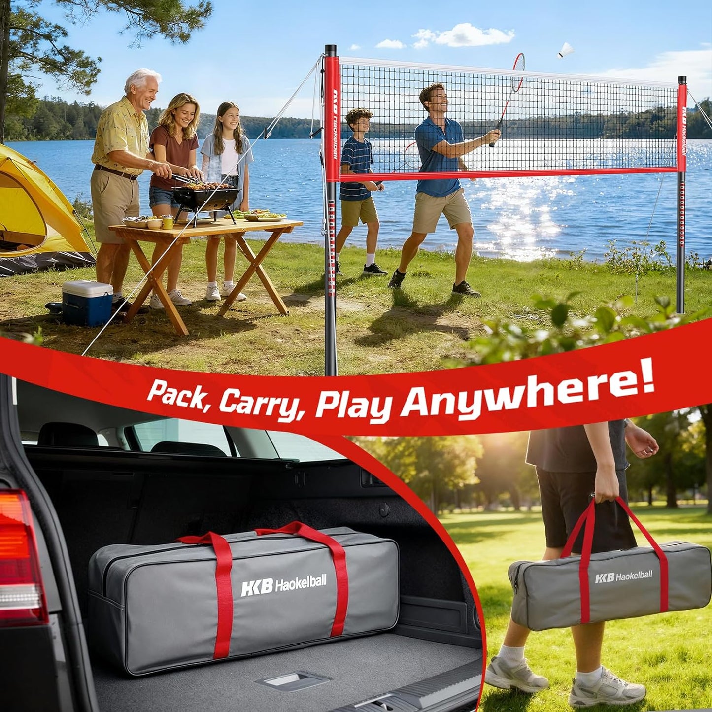 Haokelball Outdoor Badminton Net Set with Anti-Sag Winch System - 20ft Badminton Net, 4 Rackets, 3 Shuttlecocks & Carry Bag, Badminton Set for Backyard, Grass, Beach, Holiday Games
