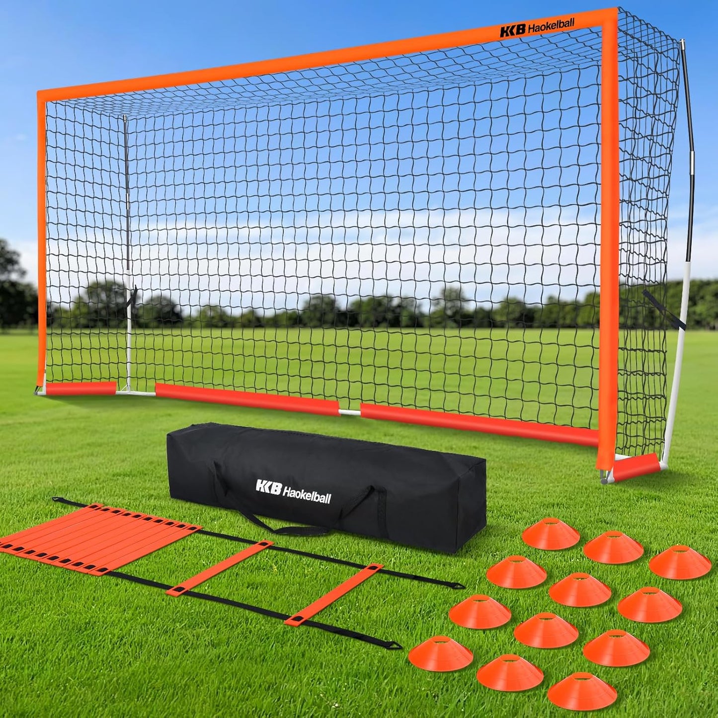 Haokelball Portable Soccer Goal for Backyard, 12x6 FT Soccer Net with Metal Post for Adult Youth Practice, Outdoor Training Equipment with Agility Ladder, Cones, Ground Stakes and Carry Bag