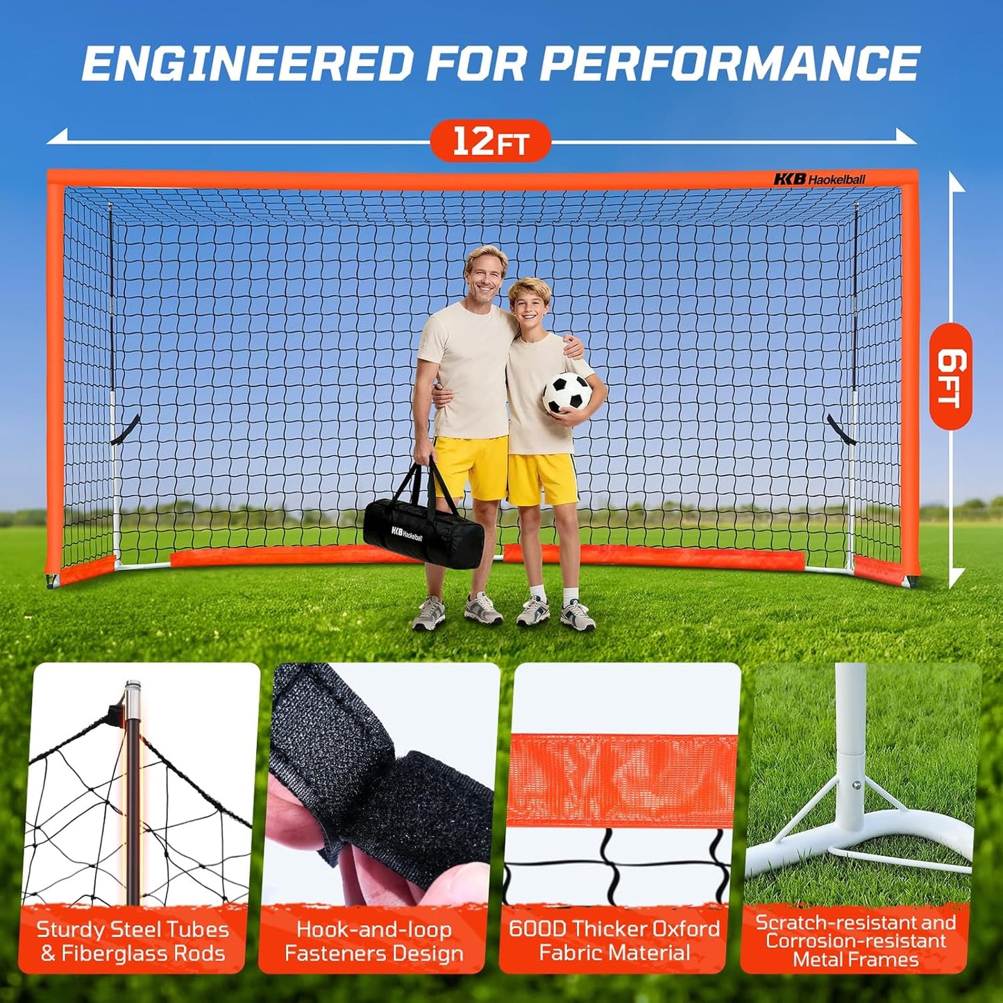 Haokelball Portable Soccer Goal for Backyard, 12x6 FT Soccer Net with Metal Post for Adult Youth Practice, Outdoor Training Equipment with Agility Ladder, Cones, Ground Stakes and Carry Bag