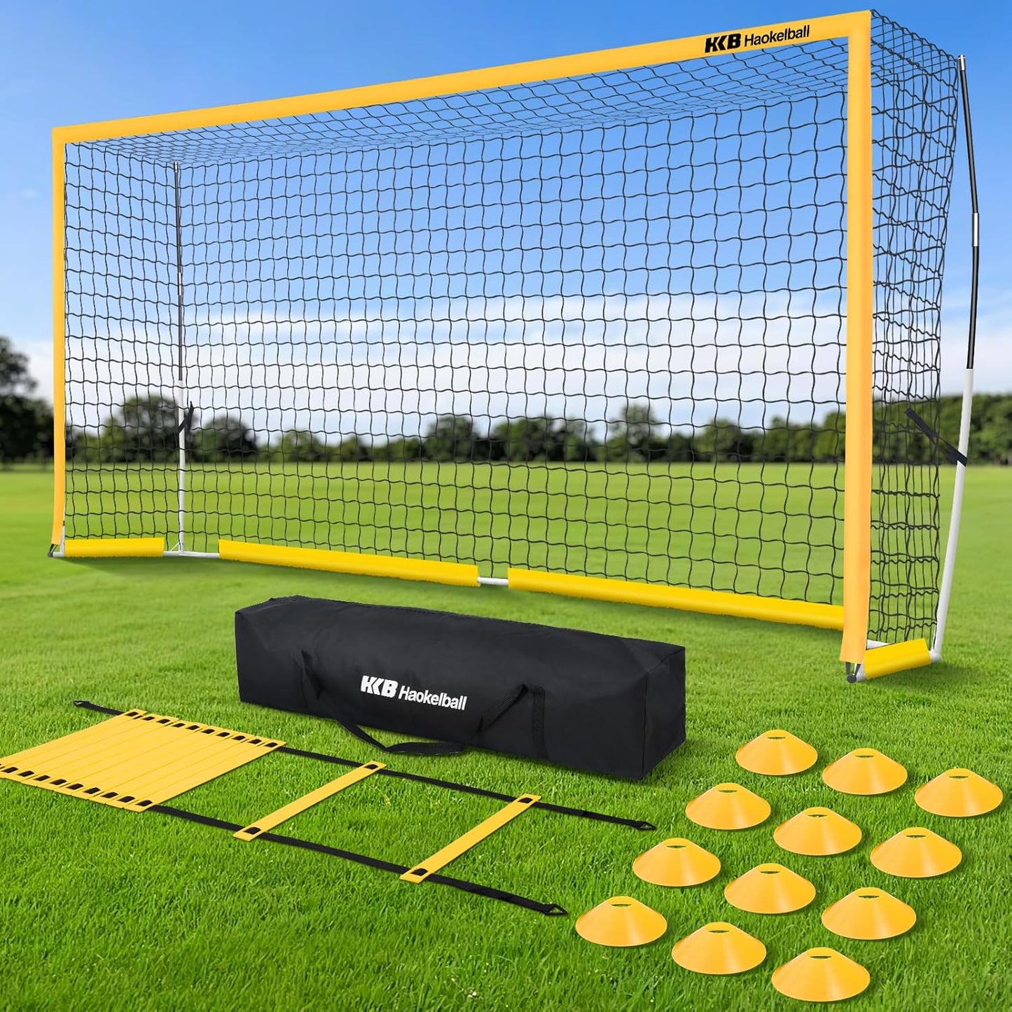Haokelball Portable Soccer Goal for Backyard, 12x6 FT Soccer Net with Metal Post for Adult Youth Practice, Outdoor Training Equipment with Agility Ladder, Cones, Ground Stakes and Carry Bag
