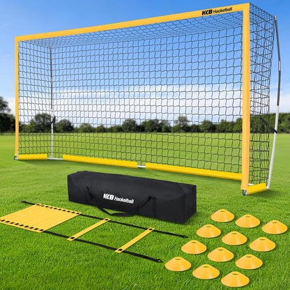 Haokelball Portable Soccer Goal for Backyard, 12x6 FT Soccer Net with Metal Post for Adult Youth Practice, Outdoor Training Equipment with Agility Ladder, Cones, Ground Stakes and Carry Bag