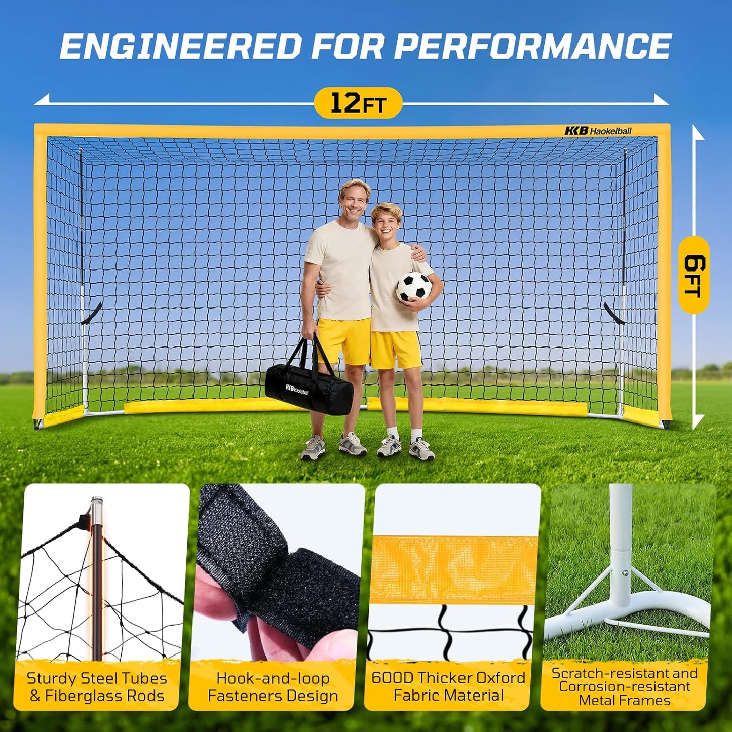 Haokelball Portable Soccer Goal for Backyard, 12x6 FT Soccer Net with Metal Post for Adult Youth Practice, Outdoor Training Equipment with Agility Ladder, Cones, Ground Stakes and Carry Bag