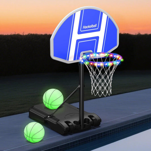 Haokelball Pool Basketball Hoop with Light for Poolside, 29"x18", Adjustable Height, Includes 2 Balls and Pump, Outdoor Family Fun Swimming Pool Game for Kids and Adults