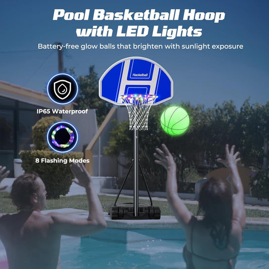 Haokelball Pool Basketball Hoop with Light for Poolside, 29"x18", Adjustable Height, Includes 2 Balls and Pump, Outdoor Family Fun Swimming Pool Game for Kids and Adults