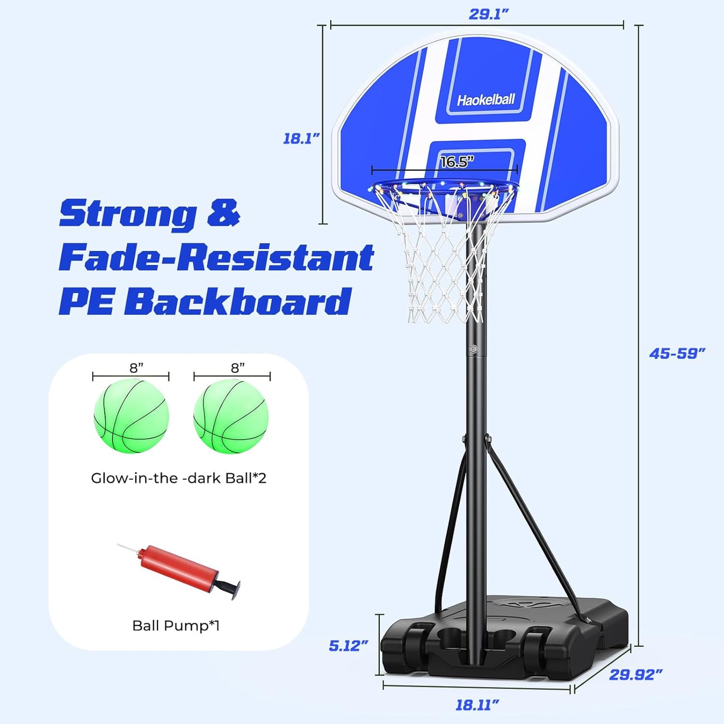 Haokelball Pool Basketball Hoop with Light for Poolside, 29"x18", Adjustable Height, Includes 2 Balls and Pump, Outdoor Family Fun Swimming Pool Game for Kids and Adults