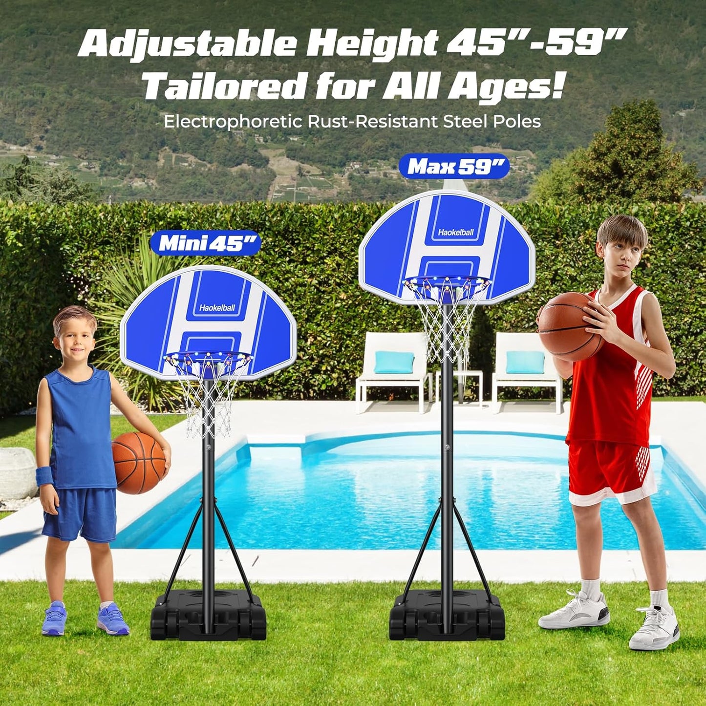 Haokelball Pool Basketball Hoop with Light for Poolside, 29"x18", Adjustable Height, Includes 2 Balls and Pump, Outdoor Family Fun Swimming Pool Game for Kids and Adults