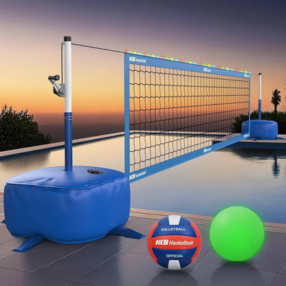 Haokelball LED Pool Volleyball Net Set, Adjustable 15–32FT Width & Height, Anti-Sag Winch System, 45L / 99lbs Heavy Duty Water Base, Includes 2 Water Balls (1 Glow), for Inground & Above Ground Pool