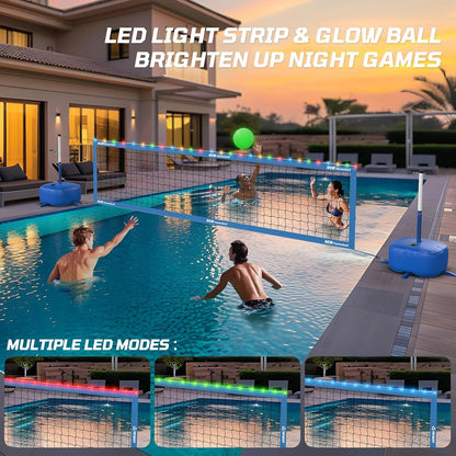 Haokelball LED Pool Volleyball Net Set, Adjustable 15–32FT Width & Height, Anti-Sag Winch System, 45L / 99lbs Heavy Duty Water Base, Includes 2 Water Balls (1 Glow), for Inground & Above Ground Pool