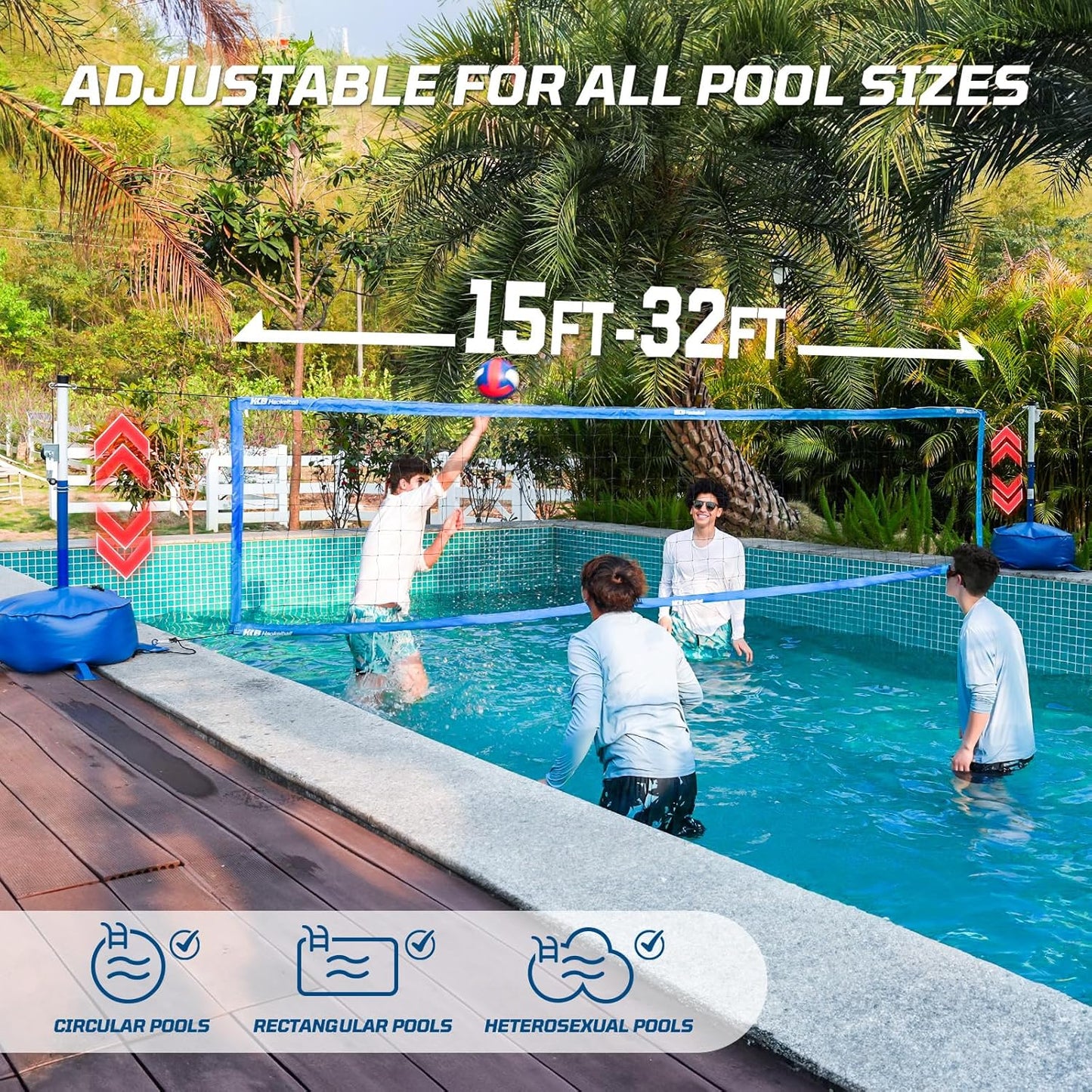 Haokelball LED Pool Volleyball Net Set, Adjustable 15–32FT Width & Height, Anti-Sag Winch System, 45L / 99lbs Heavy Duty Water Base, Includes 2 Water Balls (1 Glow), for Inground & Above Ground Pool