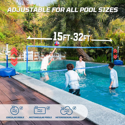 Haokelball LED Pool Volleyball Net Set, Adjustable 15–32FT Width & Height, Anti-Sag Winch System, 45L / 99lbs Heavy Duty Water Base, Includes 2 Water Balls (1 Glow), for Inground & Above Ground Pool