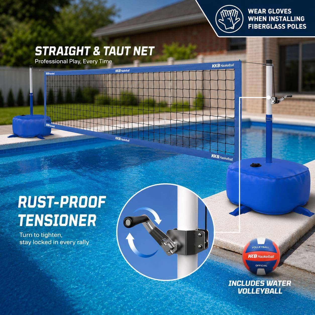 Haokelball LED Pool Volleyball Net Set, Adjustable 15–32FT Width & Height, Anti-Sag Winch System, 45L / 99lbs Heavy Duty Water Base, Includes 2 Water Balls (1 Glow), for Inground & Above Ground Pool