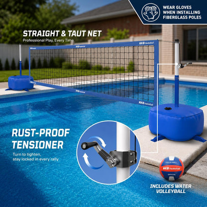 Haokelball LED Pool Volleyball Net Set, Adjustable 15–32FT Width & Height, Anti-Sag Winch System, 45L / 99lbs Heavy Duty Water Base, Includes 2 Water Balls (1 Glow), for Inground & Above Ground Pool