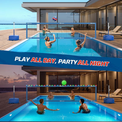 Haokelball LED Pool Volleyball Net Set, Adjustable 15–32FT Width & Height, Anti-Sag Winch System, 45L / 99lbs Heavy Duty Water Base, Includes 2 Water Balls (1 Glow), for Inground & Above Ground Pool