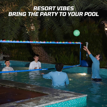 Haokelball LED Pool Volleyball Net Set, Adjustable 15–32FT Width & Height, Anti-Sag Winch System, 45L / 99lbs Heavy Duty Water Base, Includes 2 Water Balls (1 Glow), for Inground & Above Ground Pool