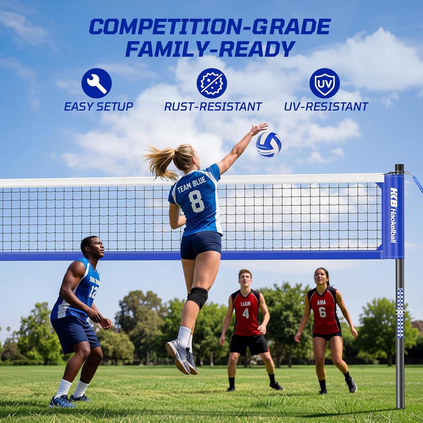 Haokelball Outdoor Volleyball Net Set for Backyard, 32FT Regulation, 3-Level Adjustable Height & Anti-Sag Tension System, Heavy Duty Thick Poles, Includes Volleyball, Pump, Boundary Line and Carry Bag