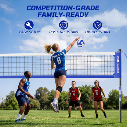 Haokelball Outdoor Volleyball Net Set for Backyard, 32FT Regulation, 3-Level Adjustable Height & Anti-Sag Tension System, Heavy Duty Thick Poles, Includes Volleyball, Pump, Boundary Line and Carry Bag
