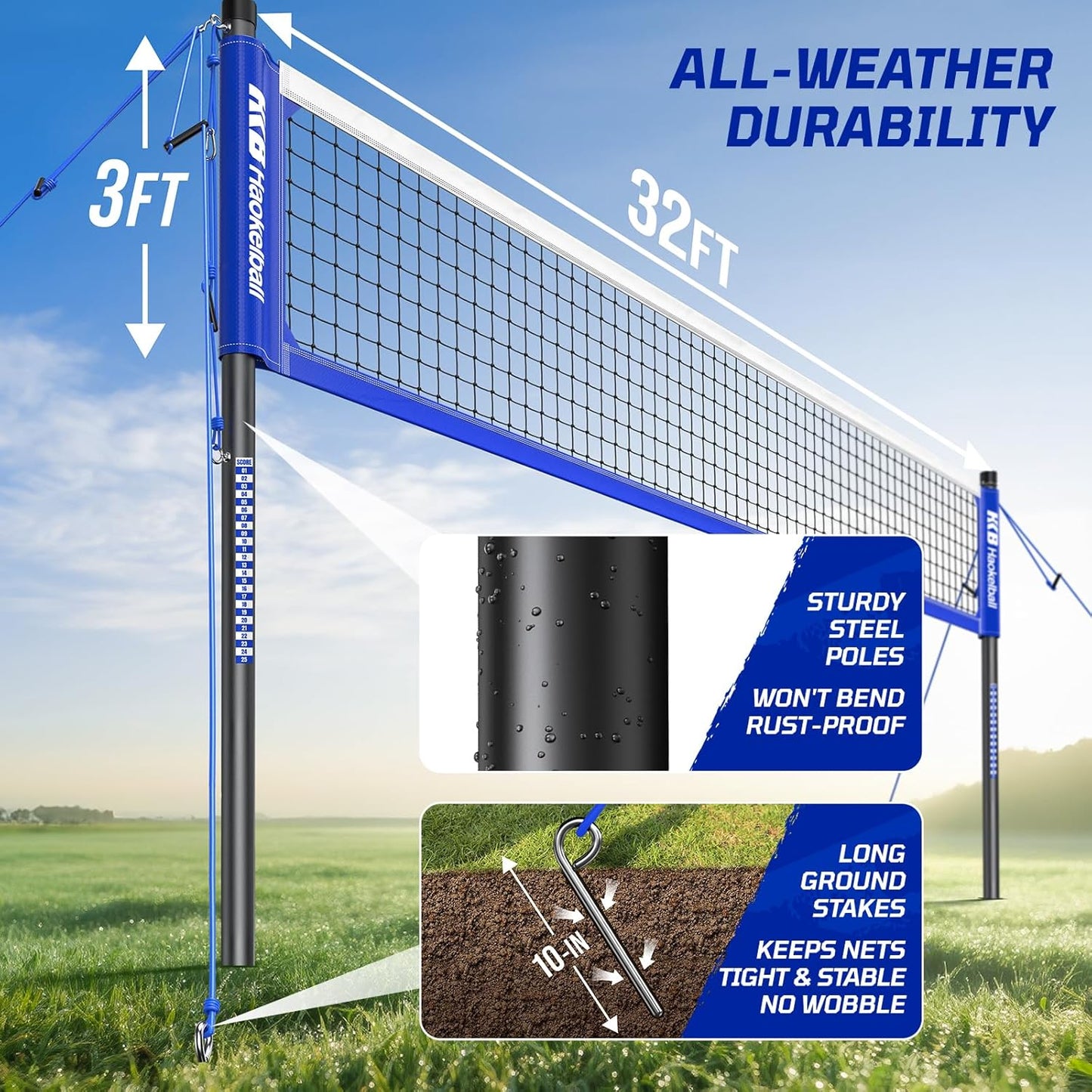 Haokelball Outdoor Volleyball Net Set for Backyard, 32FT Regulation, 3-Level Adjustable Height & Anti-Sag Tension System, Heavy Duty Thick Poles, Includes Volleyball, Pump, Boundary Line and Carry Bag