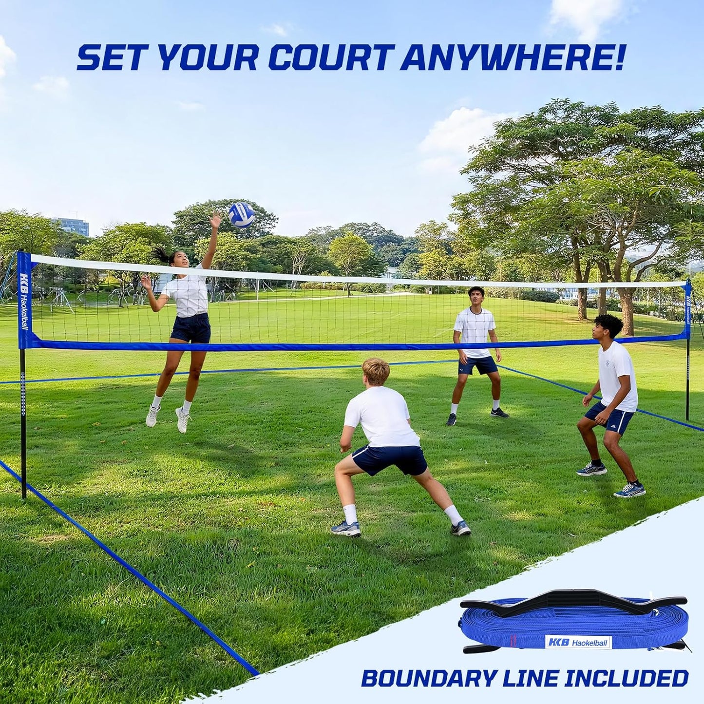 Haokelball Outdoor Volleyball Net Set for Backyard, 32FT Regulation, 3-Level Adjustable Height & Anti-Sag Tension System, Heavy Duty Thick Poles, Includes Volleyball, Pump, Boundary Line and Carry Bag
