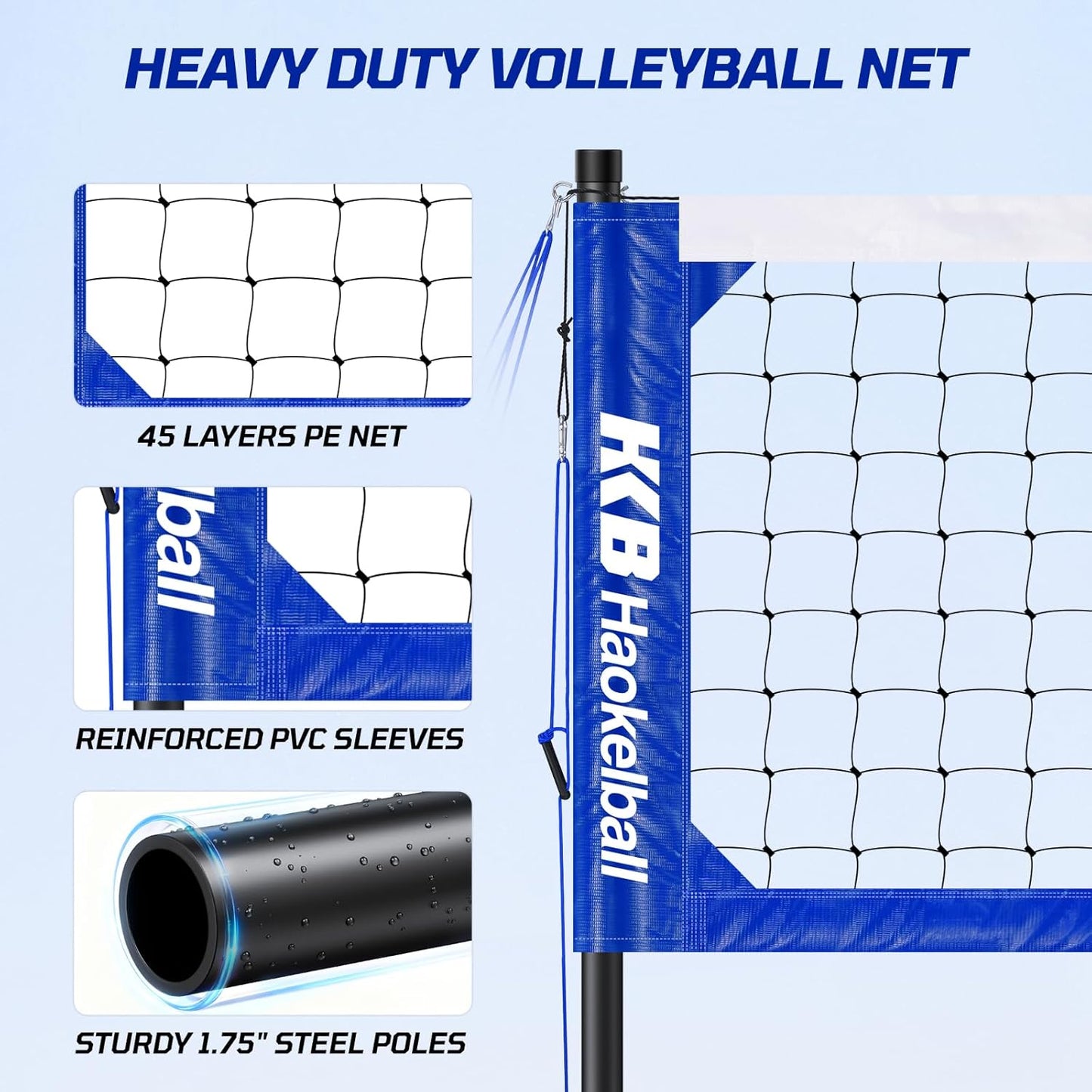 Haokelball Outdoor Volleyball Net Set for Backyard, 32FT Regulation, 3-Level Adjustable Height & Anti-Sag Tension System, Heavy Duty Thick Poles, Includes Volleyball, Pump, Boundary Line and Carry Bag