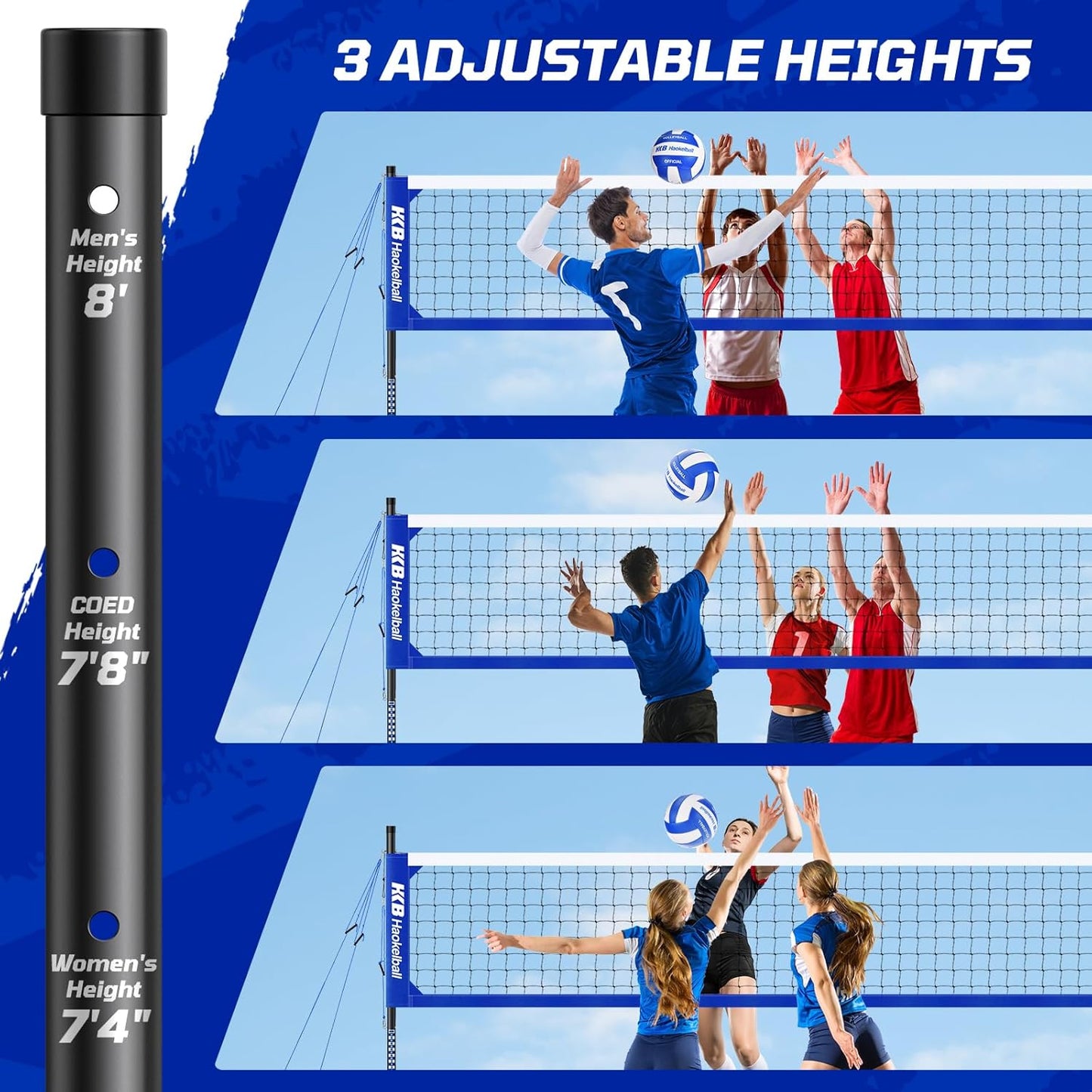 Haokelball Outdoor Volleyball Net Set for Backyard, 32FT Regulation, 3-Level Adjustable Height & Anti-Sag Tension System, Heavy Duty Thick Poles, Includes Volleyball, Pump, Boundary Line and Carry Bag