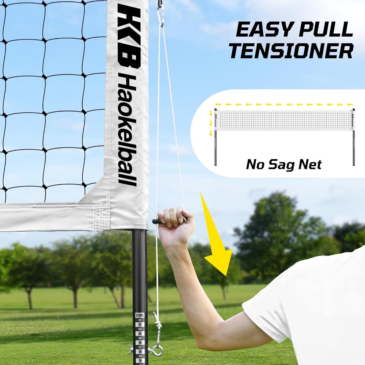 Haokelball Outdoor Volleyball Net Set for Backyard, 32FT Regulation, 3-Level Adjustable Height & Anti-Sag Tension System, Heavy Duty Thick Poles, Includes Volleyball, Pump, Boundary Line and Carry Bag