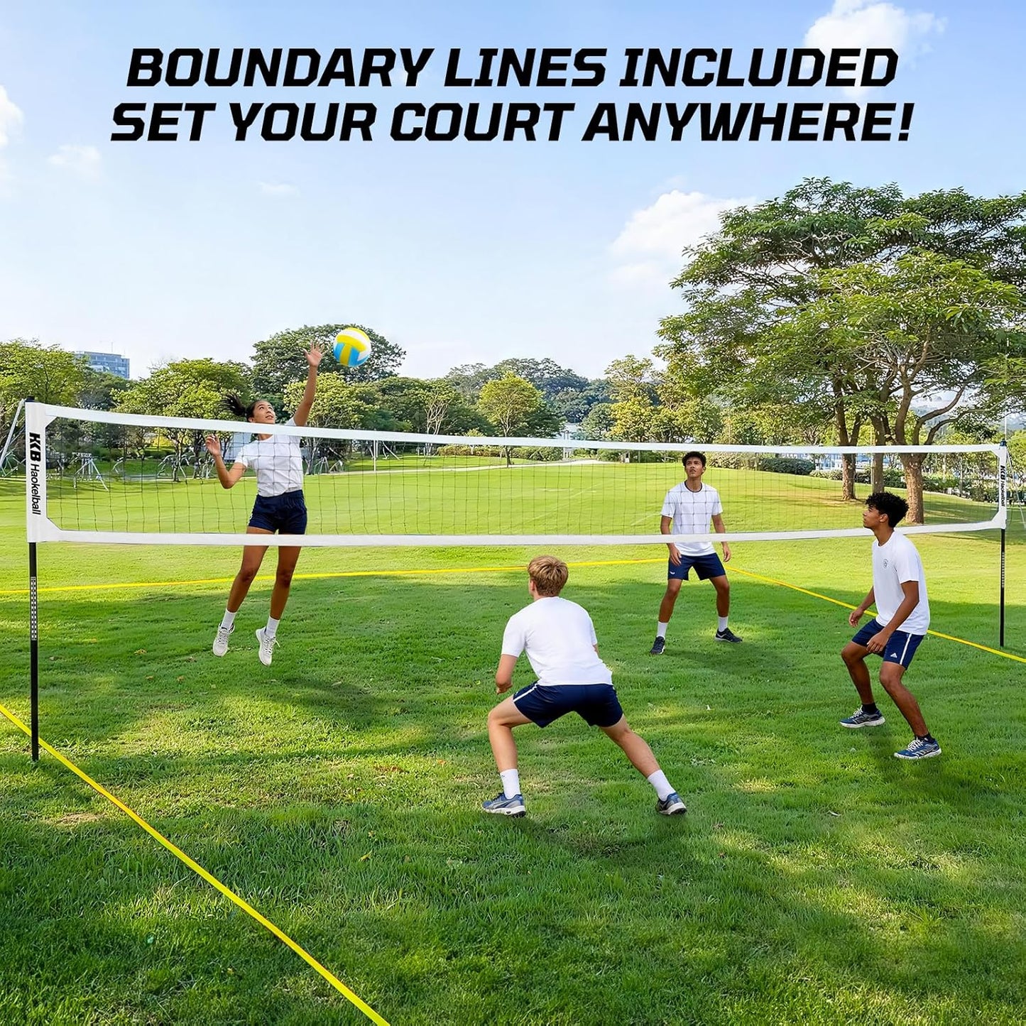 Haokelball Outdoor Volleyball Net Set for Backyard, 32FT Regulation, 3-Level Adjustable Height & Anti-Sag Tension System, Heavy Duty Thick Poles, Includes Volleyball, Pump, Boundary Line and Carry Bag