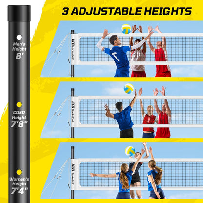 Haokelball Outdoor Volleyball Net Set for Backyard, 32FT Regulation, 3-Level Adjustable Height & Anti-Sag Tension System, Heavy Duty Thick Poles, Includes Volleyball, Pump, Boundary Line and Carry Bag