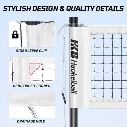 Haokelball Outdoor Volleyball Net Set for Backyard, 32FT Regulation, 3-Level Adjustable Height & Anti-Sag Tension System, Heavy Duty Thick Poles, Includes Volleyball, Pump, Boundary Line and Carry Bag