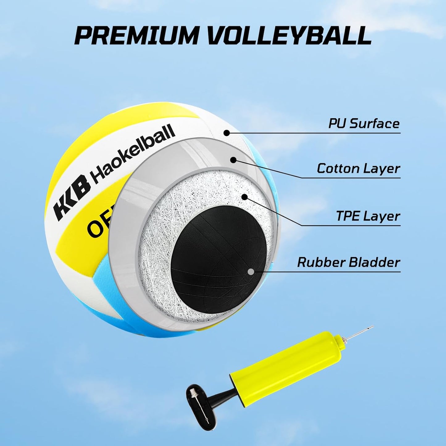 Haokelball Outdoor Volleyball Net Set for Backyard, 32FT Regulation, 3-Level Adjustable Height & Anti-Sag Tension System, Heavy Duty Thick Poles, Includes Volleyball, Pump, Boundary Line and Carry Bag