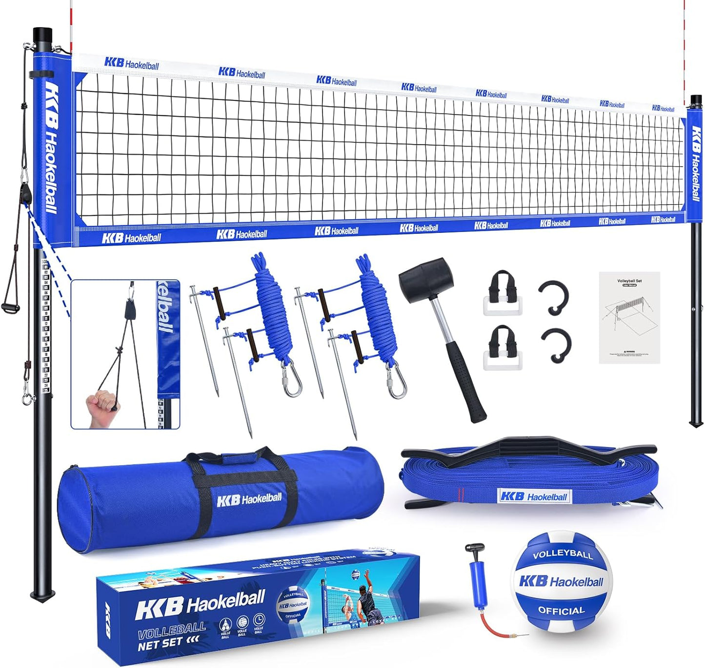 Haokelball Outdoor Portable Heavy Duty Volleyball Net Set for Backyard with Adjustable Height Poles, Anti-Sag System, Volleyball, Pump, Boundary Line, Carry Bag & Gift Box