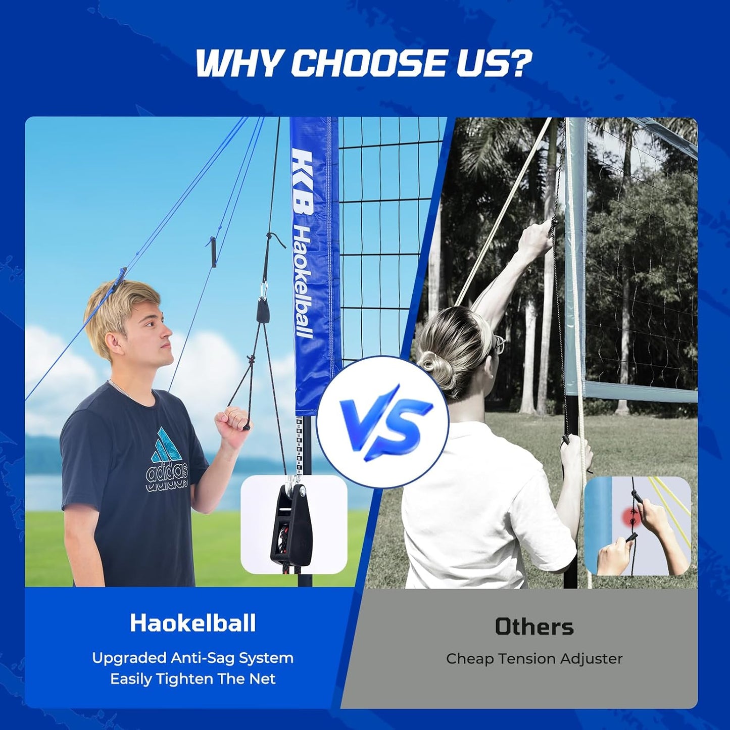 Haokelball Outdoor Portable Heavy Duty Volleyball Net Set for Backyard with Adjustable Height Poles, Anti-Sag System, Volleyball, Pump, Boundary Line, Carry Bag & Gift Box