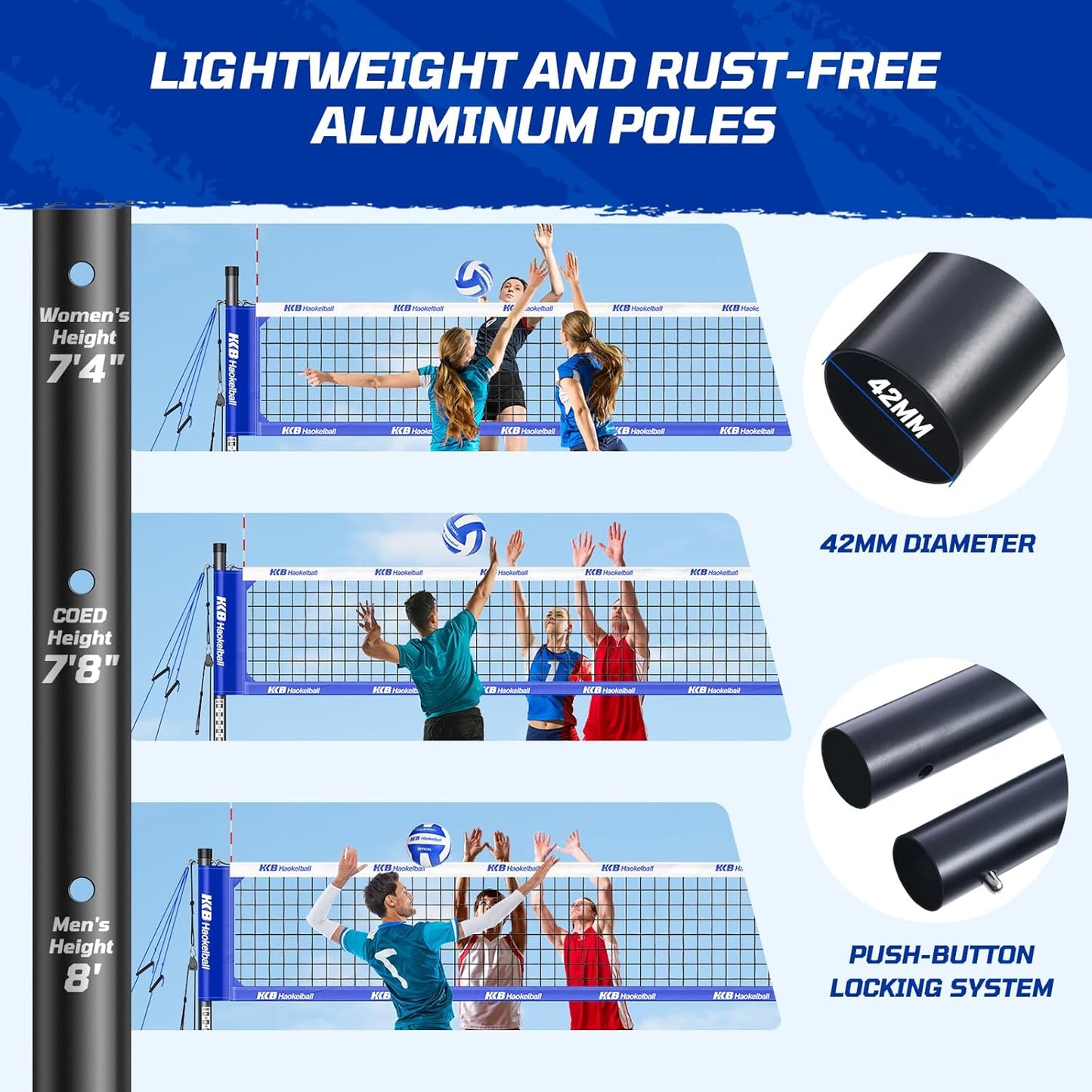 Haokelball Outdoor Portable Heavy Duty Volleyball Net Set for Backyard with Adjustable Height Poles, Anti-Sag System, Volleyball, Pump, Boundary Line, Carry Bag & Gift Box