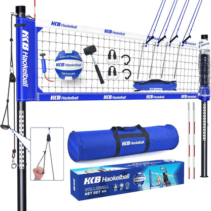 Haokelball Outdoor Portable Heavy Duty Volleyball Net Set for Backyard with Adjustable Height Poles, Anti-Sag System, Volleyball, Pump, Boundary Line, Carry Bag & Gift Box