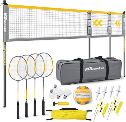 Haokelball Badminton Volleyball Net Set Combo – Adjustable Width 20-32ft & Height, with Rackets, Shuttlecocks, Volleyball, Boundary Line, Carry Bag – Badminton Sets for Backyards, Outdoor, Grass, lawn