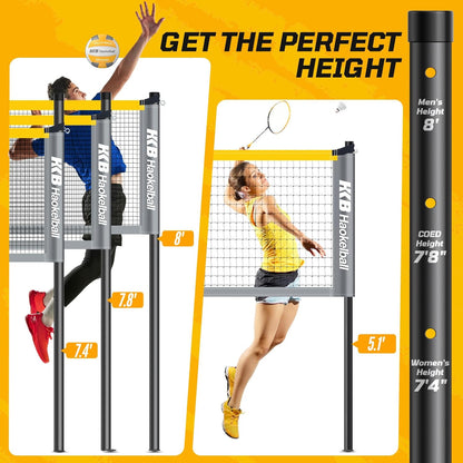 Haokelball Badminton Volleyball Net Set Combo – Adjustable Width 20-32ft & Height, with Rackets, Shuttlecocks, Volleyball, Boundary Line, Carry Bag – Badminton Sets for Backyards, Outdoor, Grass, lawn