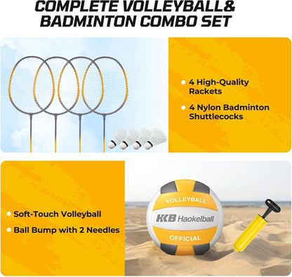 Haokelball Badminton Volleyball Net Set Combo – Adjustable Width 20-32ft & Height, with Rackets, Shuttlecocks, Volleyball, Boundary Line, Carry Bag – Badminton Sets for Backyards, Outdoor, Grass, lawn