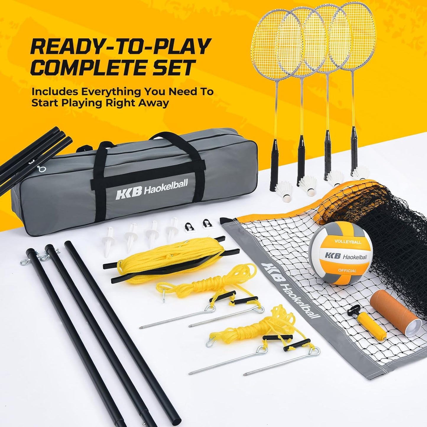 Haokelball Badminton Volleyball Net Set Combo – Adjustable Width 20-32ft & Height, with Rackets, Shuttlecocks, Volleyball, Boundary Line, Carry Bag – Badminton Sets for Backyards, Outdoor, Grass, lawn