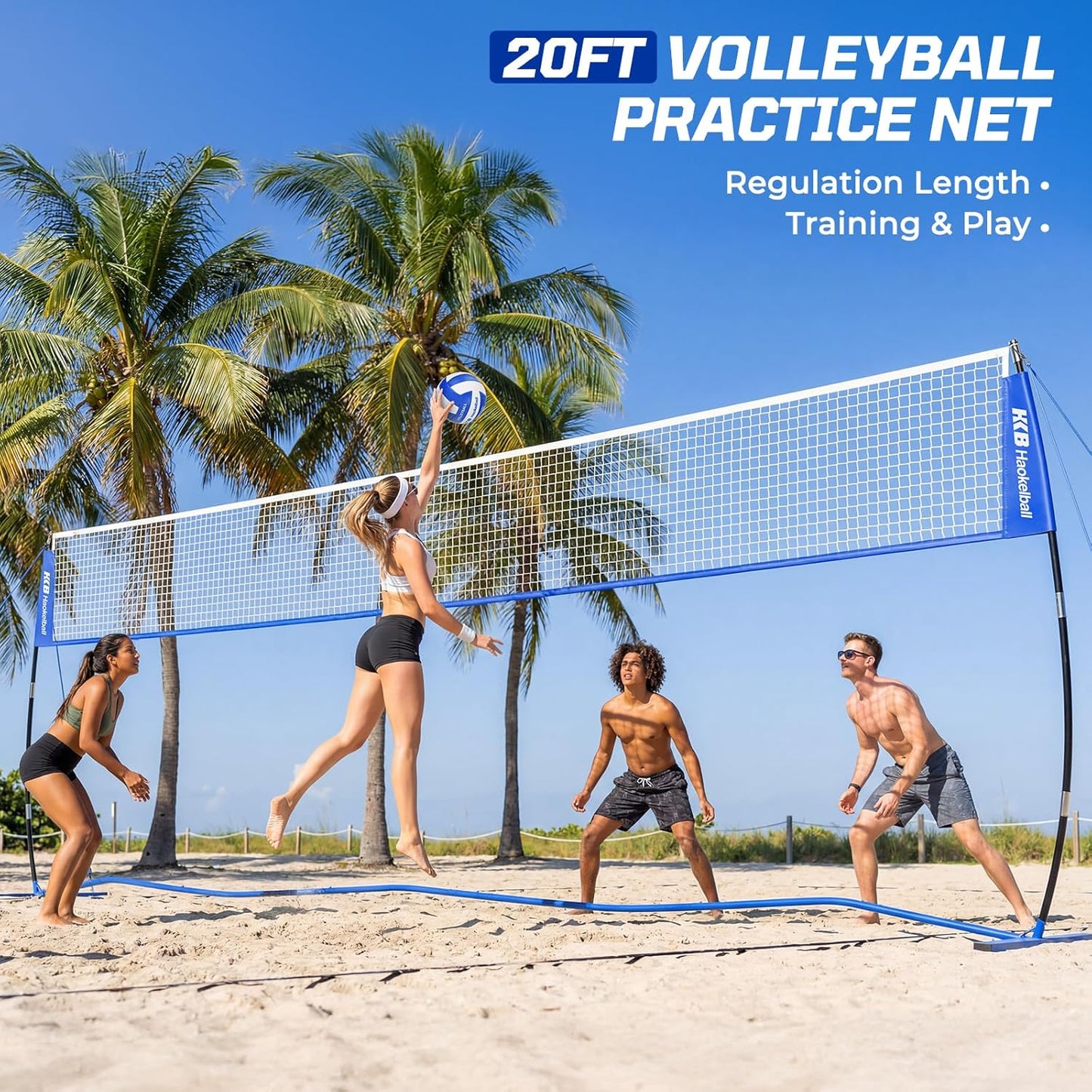 Haokelball Portable Volleyball Net for Backyard, 20ft Freestanding Volleyball Set with Adjustable Height & Widened Base, Outdoor/Indoor Practice Net with Volleyball, Carry Bag, Stakes & Ropes