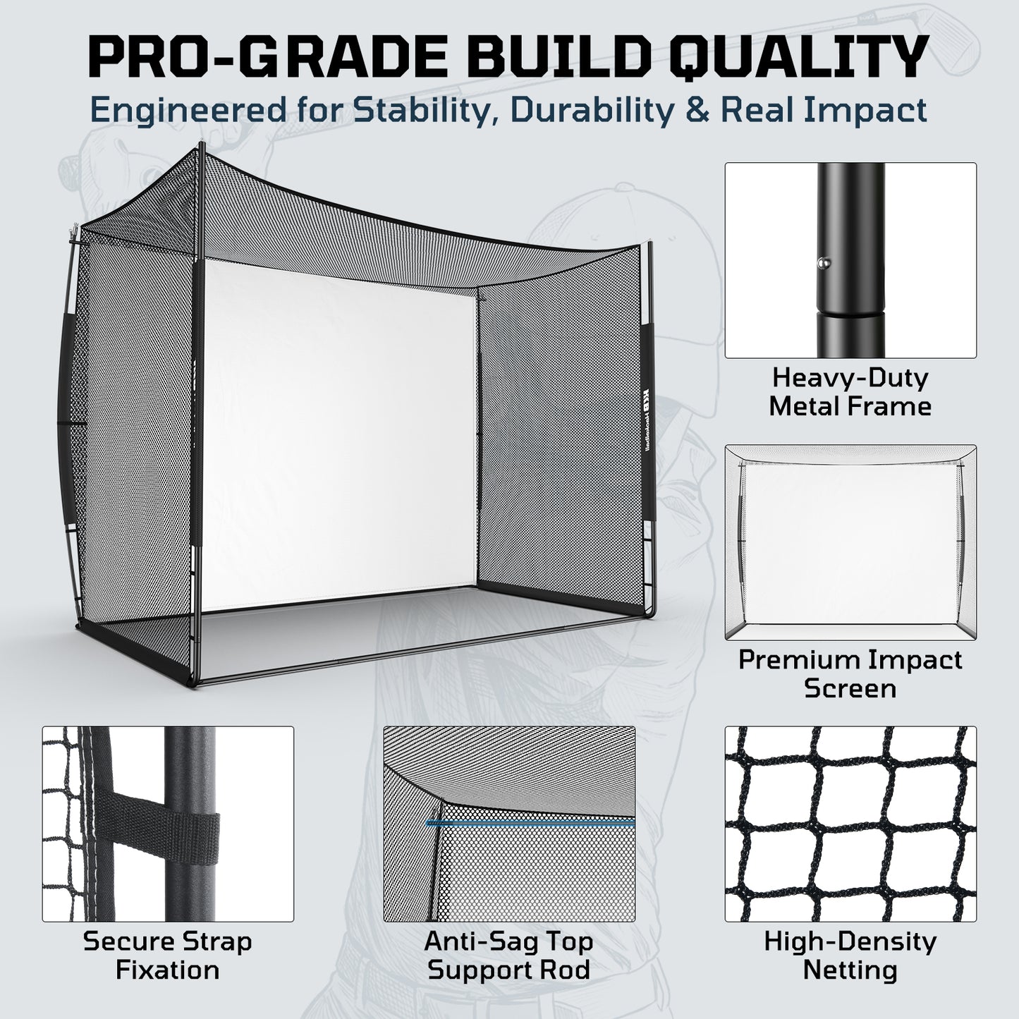 Haokelball Golf Simulator Cage with Impact Screen, 10x8x6 FT Premium Golf Hitting Net Enclosure for Home Practice, Indoor Outdoor Driving & Chipping Training Cage with Anti-Sag Support Rod