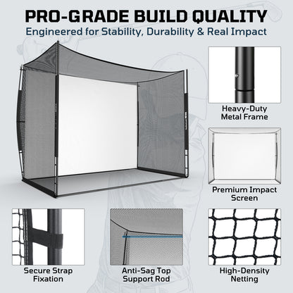 Haokelball Golf Simulator Cage with Impact Screen, 10x8x6 FT Premium Golf Hitting Net Enclosure for Home Practice, Indoor Outdoor Driving & Chipping Training Cage with Anti-Sag Support Rod