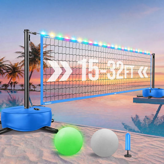 Haokelball LED Pool Volleyball Net Set, 15-32ft Adjustable Volleyball Net for Pool with Heavy Duty Base, Pool Volleyball Set for Inground Pools, Pool Toys & Pool Games for Kids & Adults, 2 Balls