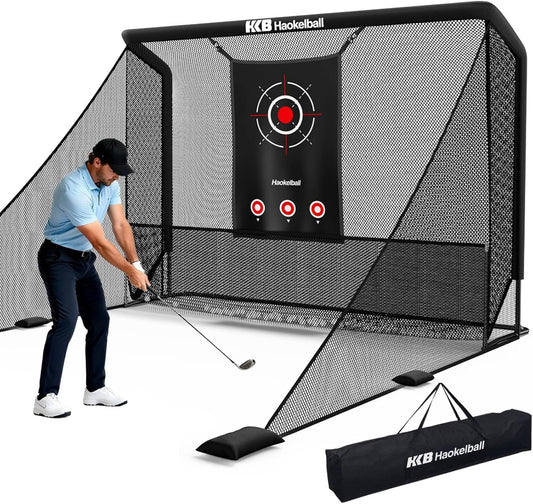 Haokelball Golf Practice Hitting Net for Driving Real Balls, 10x8ft Heavy Duty Netting for Indoor Outdoor with Side Barriers, Ball Return & Collection System, Silent Impact Target and Carry Bag
