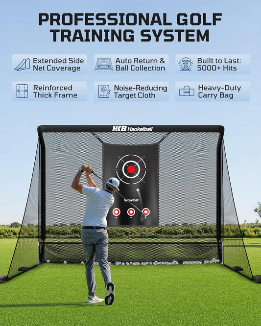 Haokelball Golf Practice Hitting Net for Driving Real Balls, 10x8ft Heavy Duty Netting for Indoor Outdoor with Side Barriers, Ball Return & Collection System, Silent Impact Target and Carry Bag